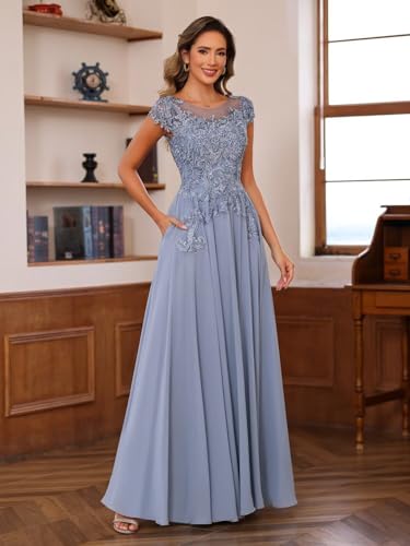 Women's Lace Applique Mother of The Bride Dress Cap Sleeves Round Neck Evening Gown NO195