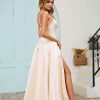 Women Satin Black Prom Formal Dress Elegant Slit Wedding Guest Evening Gown Party Dress Gala with Pocket