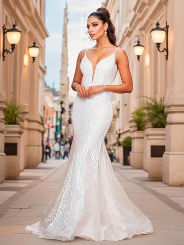 V Neck Sequins Tulle Mermaid Long Prom Dress