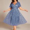 41yibWYa3bL.jpg Women's V Neck Short Sleeves Embroidery Empire Waist Sequin Plus Size Midi Cocktail Wedding Guest Dresses 2230-DA