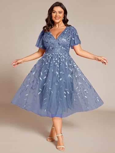 41yibWYa3bL.jpg Women's V Neck Short Sleeves Embroidery Empire Waist Sequin Plus Size Midi Cocktail Wedding Guest Dresses 2230-DA