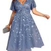 41ykHhUjaCL.jpg Women's V Neck Short Sleeves Embroidery Empire Waist Sequin Plus Size Midi Cocktail Wedding Guest Dresses 2230-DA