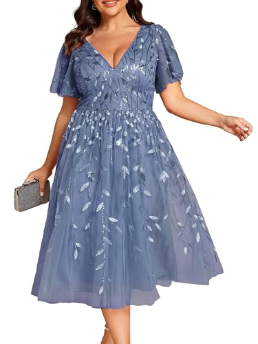 41ykHhUjaCL.jpg Women's V Neck Short Sleeves Embroidery Empire Waist Sequin Plus Size Midi Cocktail Wedding Guest Dresses 2230-DA