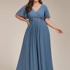 Chiffon V Neck Short Sleeves Appliques Plus Size Formal Dresses for Curvy Women Evening Gowns 01960-DA