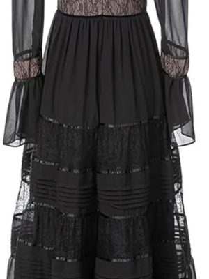 Women's Retro Lace Spliced Chiffon Dress Round Neck Hollow Layered Elegant Party Festive Dresses