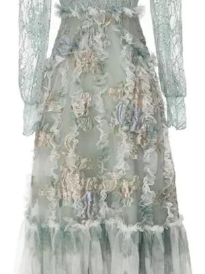 Women Vintage Lantern Sleeve Lace Maxi Dresses Sequin Mesh Ruffle Patchwork Party Dress