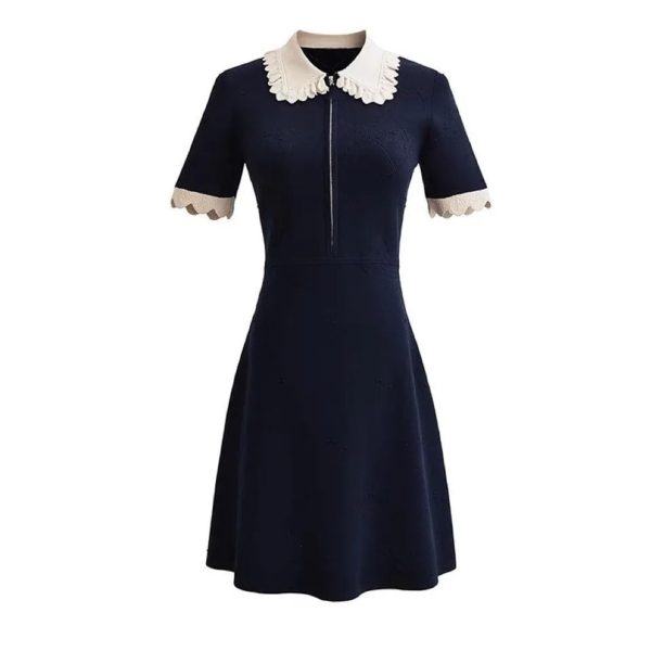 516TwLG0urL.jpg Women's 2025 Knit Lace Collar Dress - Short Sleeve Color Block