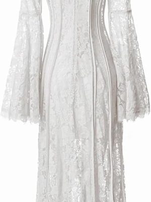 Women's Vintage Striped Hollow Lace Long Sleeve Dress Suspender Inner Slim Fit Maxi Dresses