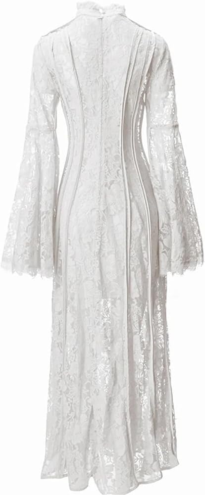 516VvqW851L.jpg Vintage Lace Hollow Out Flowing Long Skirt Women's Striped Slim Fit Flare Sleeve Dresses French Solid Suspender Travel Dress