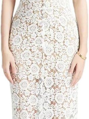 Women Slim Fit White Lace Hollow Dress Square Collar Puff Sleeve Mid Calf Fit Flare Dresses for Party(Small Short)