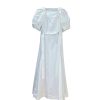 51CjjSwc9eL.jpg Women's Bandage Waist Maxi Dress - Puff Sleeve Cotton Solid Color Spring Long Dress
