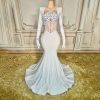 White Satin Crystals Mermaid Prom Evening Wedding Party Dress Celebrity Pageant Wedding Guest Gown Bridal Gown