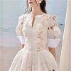 Women’s Dress V-Neck Puff Half Sleeve Summer Ball Gown Casual Solid Floral Lace Slim Fit Dresses