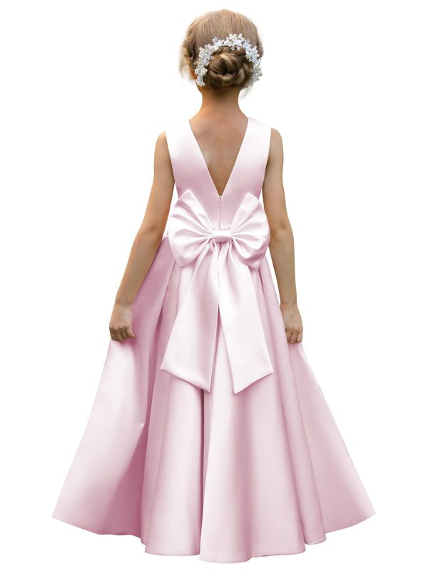 Satin Flower Girl Dresses for Wedding Floor Length Backless Princess Pageant Dress with Bow Pearls Proms Ball Gowns
