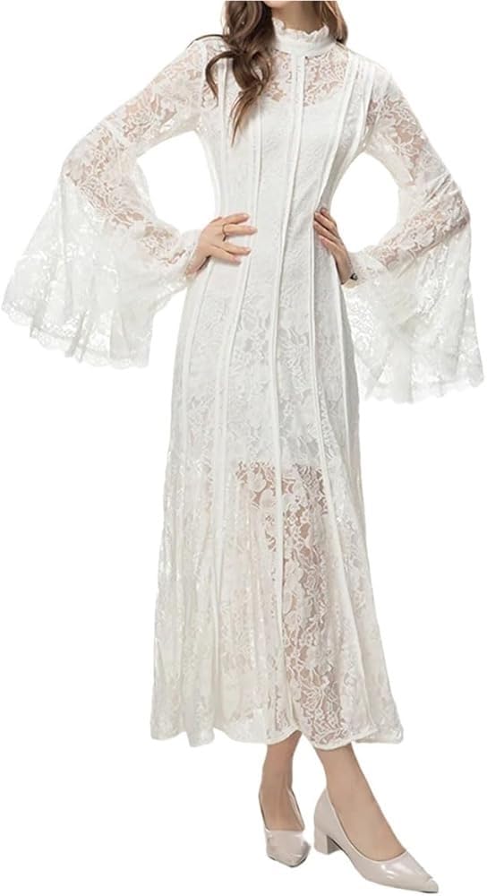 Vintage Summer Women Maxi Dress Striped Slim Fit Travel Suspender Dress Elegant Casual Hollow Lace Beach Outing Skirt