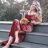 Women's Cowl Neck Velvet Bridesmaid Dresses Long Modern Formal Wedding Guest Dress with Side Slit M005
