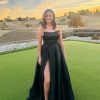 Womens Long Strapless Satin Prom Dress Sleeveless Slit Evening Ball Gown with Pockets