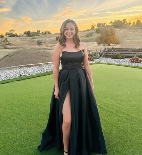 Womens Long Strapless Satin Prom Dress Sleeveless Slit Evening Ball Gown with Pockets
