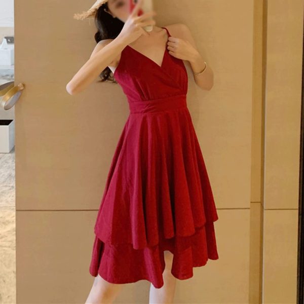 51j8BhVPBhL.jpg Beach Dresses Beach Skirt Female Super Fairy Photo Travel Clothes Small Seaside Vacation Red Suspender Dress Bikini