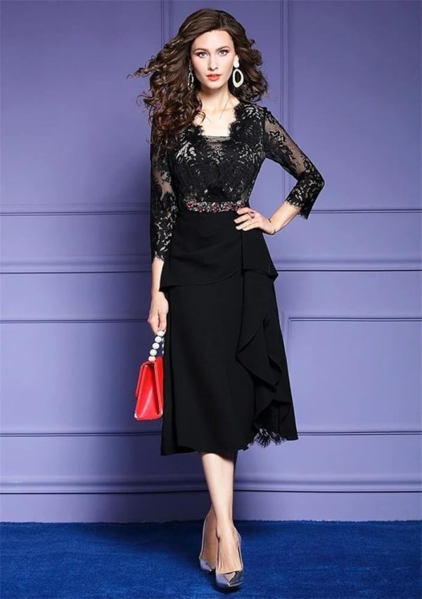 51kappX0TL.jpg Women Elegant Cocktail Party Dress Ruffles Lace Midi Dresses Fashionable Appliques Bodycon Formal Evening Guest Outfit
