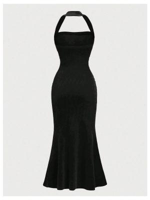 Girl's Velvet Halter Long Dress Elegant Sleeveless Bodycon Fishtail Dresses