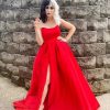 Womens Long Strapless Satin Prom Dress Sleeveless Slit Evening Ball Gown with Pockets