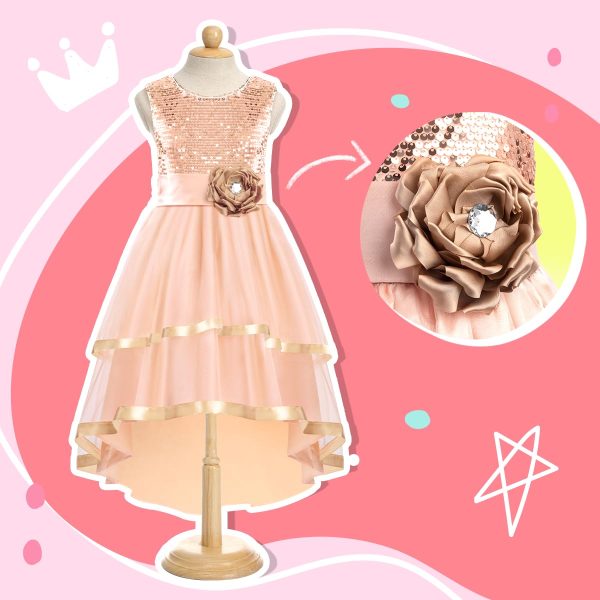 Girls Sequin Flower Dress - Birthday Party Dresses for Girls Age 3-12 Year Old, High-Low Sleeveless Dresses for Kids