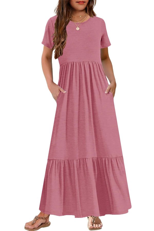 Girls Summer Maxi Dress Short Sleeve Crew Neck Casual Loose Flowy Tiered Dresses with Pockets for 6-12 Y