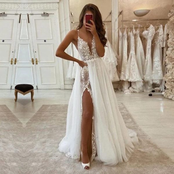 Boho Wedding Dresses for Bride with Slit Lace Appliques Long Sleeve Mermaid Bridal Dresses for Wedding 2025 DE08