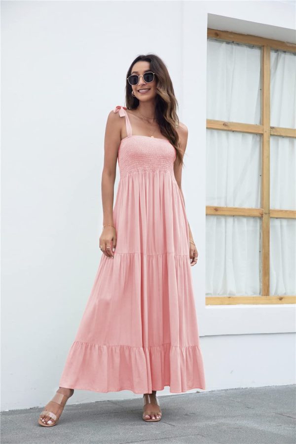 Women's Summer Boho Spaghetti Strap Square Neck Ruffle Casual Flowy Long Dress Beach Swing Party Maxi Dress