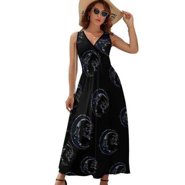 Halloween Black Witch Moon Womens Casual Sleeveless Dress Maxi Long Beach Dress Sundress