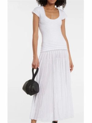 Women's Striped U-Neck Maxi Dress - Ruched High Waist A-Line Knitted Long Dress