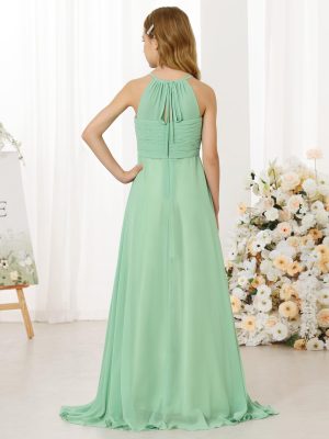 Girl's Flowing Chiffon Flower Girls Dresses Ruched Spaghetti Strap V-Neck Junior Girl Wedding Bridesmaid Dress