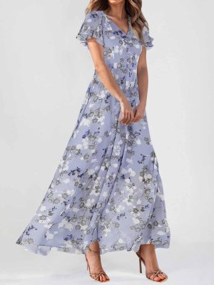 Women's Summer Short Sleeve Maxi Dresses Swing Flowy Ruffle Hem Swing Floral V Neck Chiffon Modest Dress