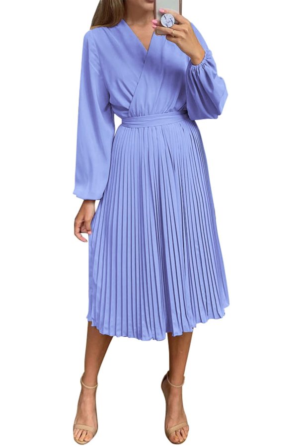 61BWUX6JfhL.jpg Women's Spring Midi Dress Long Puff Sleeve Wrap V Neck Flowy Ruffle Pleated Casual Fall Dresses