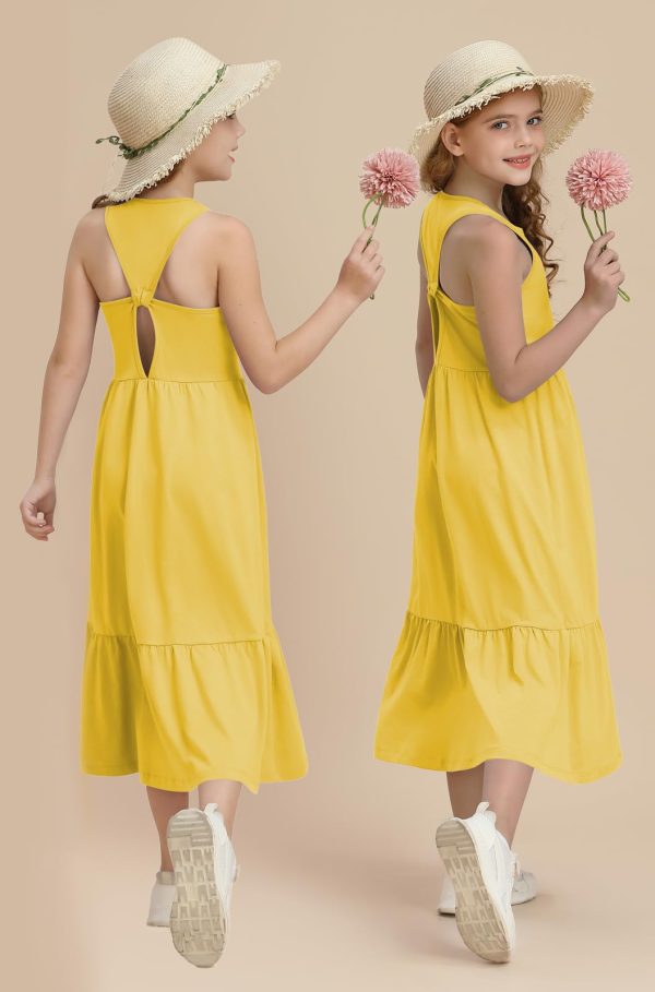 Girls Summer Maxi Dress Sleeveless Back Detailed Tiered Sundress with Pockets 5-12 Years