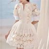 Women’s Dress V-Neck Puff Half Sleeve Summer Ball Gown Casual Solid Floral Lace Slim Fit Dresses