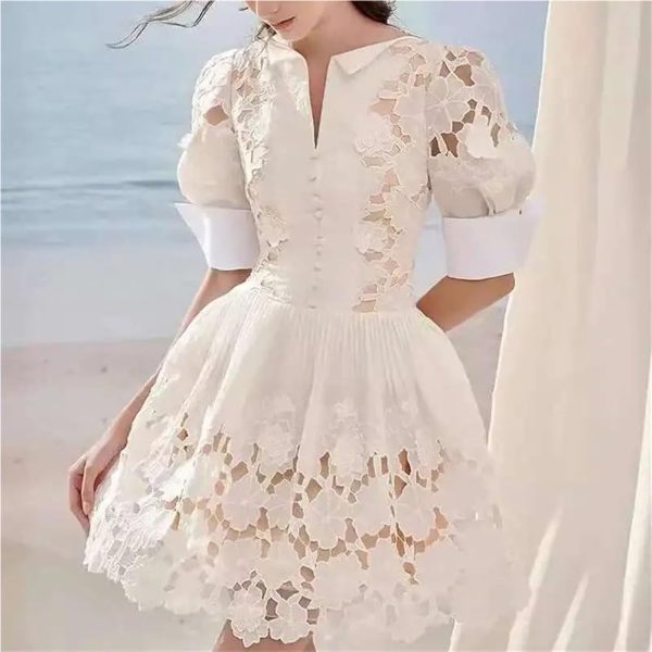 Women’s Dress V-Neck Puff Half Sleeve Summer Ball Gown Casual Solid Floral Lace Slim Fit Dresses