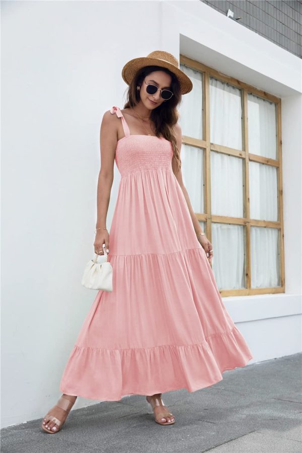 Women's Summer Boho Spaghetti Strap Square Neck Ruffle Casual Flowy Long Dress Beach Swing Party Maxi Dress