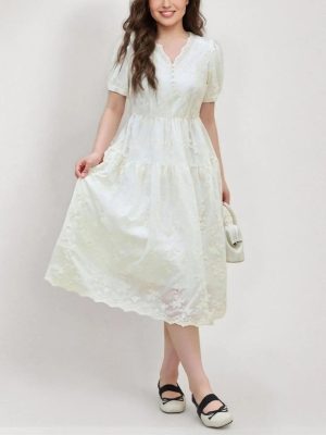 Women Beige Dress Gentle Style Short Sleeve V-Neck Long Lace Lyocell Dresses Solid Vestidos