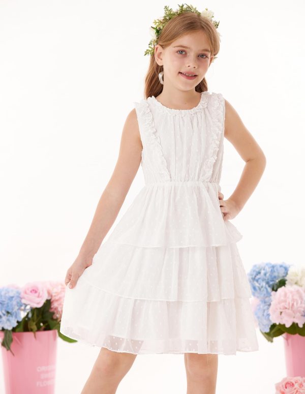 Girls Summer Sleeveless Ruffle Dress Swiss Dot Spring Sundress Flowing Tiered Layers Midi Casual Dress 5-12Y