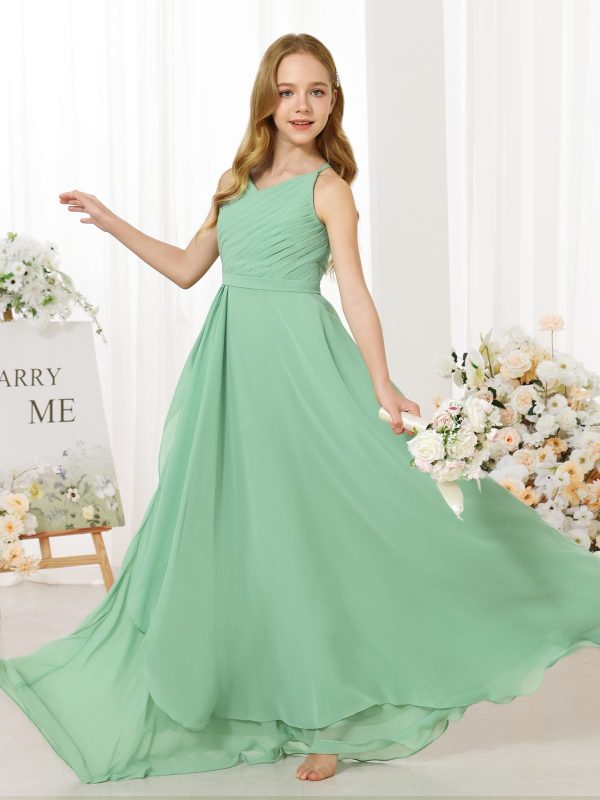 Girl's Flowing Chiffon Flower Girls Dresses Ruched Spaghetti Strap V-Neck Junior Girl Wedding Bridesmaid Dress