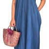 61MCj3mT7oS.jpg Women's Sexy Maxi Denim Dresses Casual Spaghetti Strap Striped Long Sundress Wiht Pockets