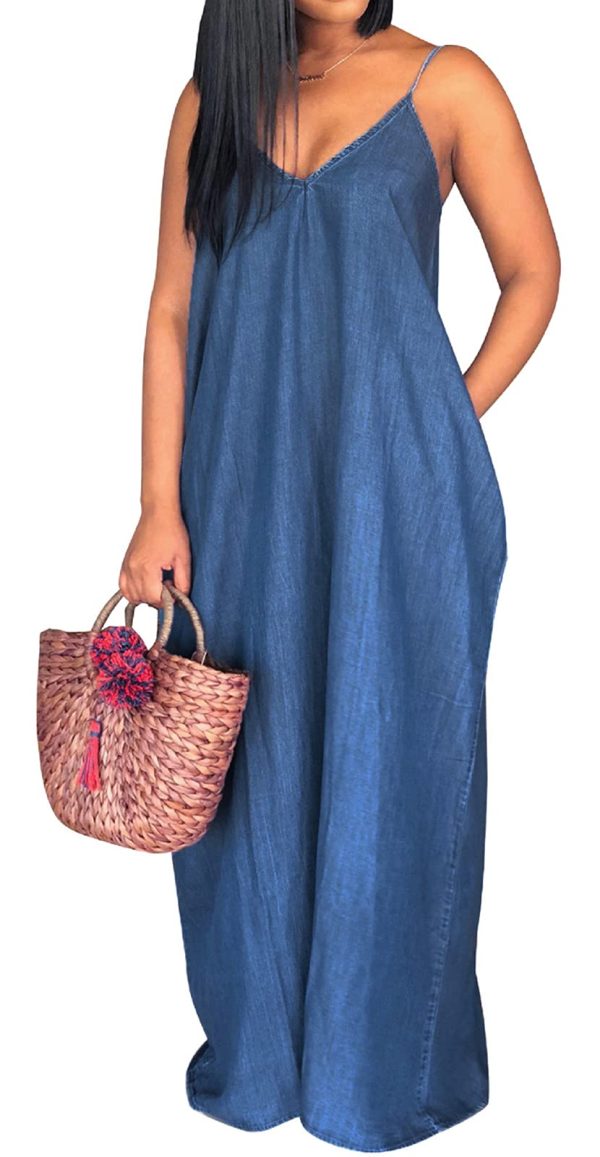 61MCj3mT7oS.jpg Women's Sexy Maxi Denim Dresses Casual Spaghetti Strap Striped Long Sundress Wiht Pockets