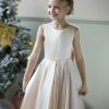 Satin Flower Girl Dresses for Wedding Floor Length Backless Princess Pageant Dress with Bow Pearls Proms Ball Gowns