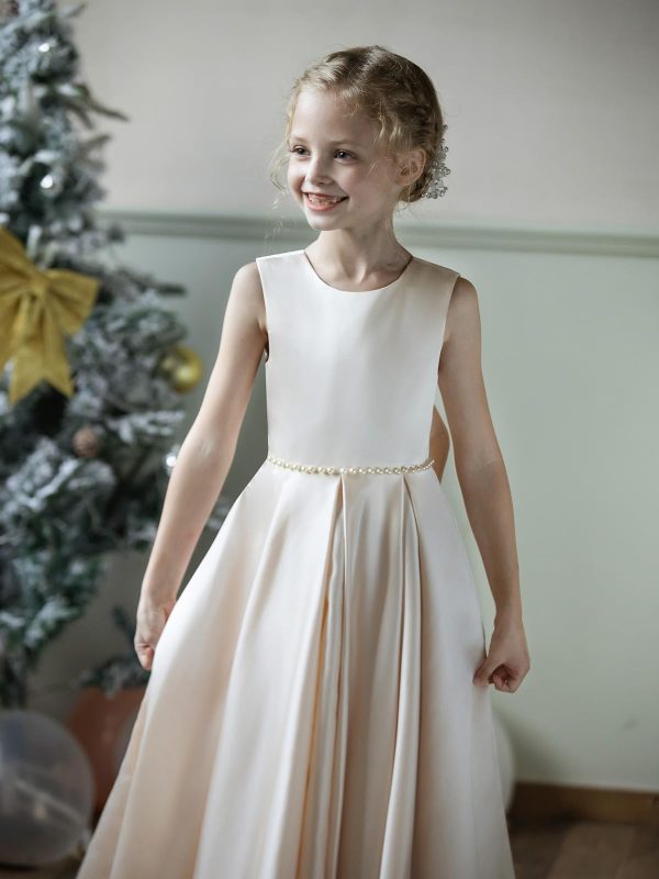 Satin Flower Girl Dresses for Wedding Floor Length Backless Princess Pageant Dress with Bow Pearls Proms Ball Gowns