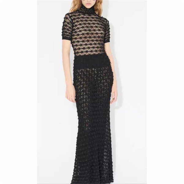 61NYSKC0K1L.jpg Women's Sheer Jacquard Trumpet Dress - Hollow Out Short Sleeve Suspender Mermaid Gown