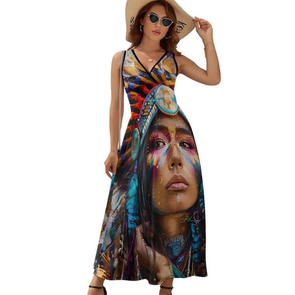 Indian Woman Oil Painting Womens Casual Sleeveless Dress Maxi Long Beach Dress Sundress