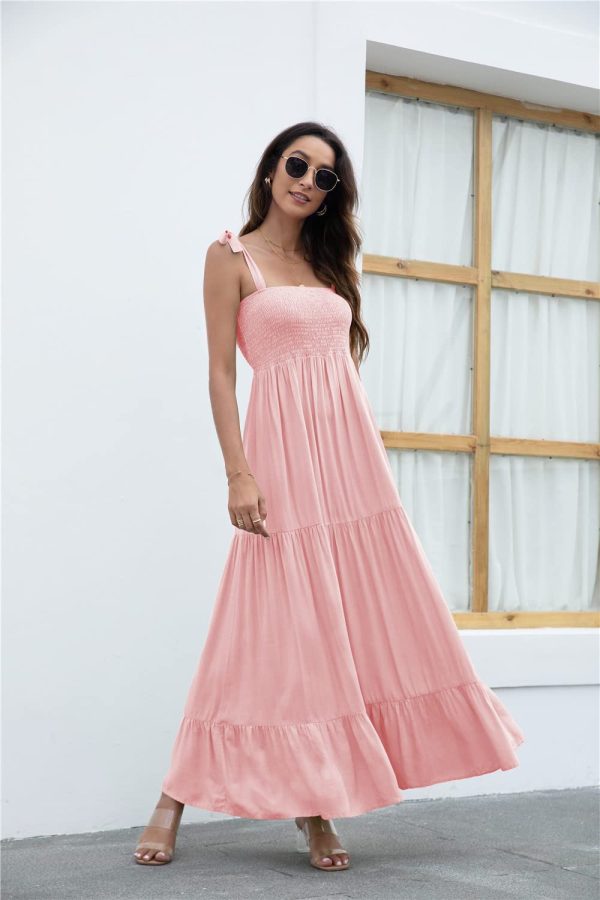 Women's Summer Boho Spaghetti Strap Square Neck Ruffle Casual Flowy Long Dress Beach Swing Party Maxi Dress