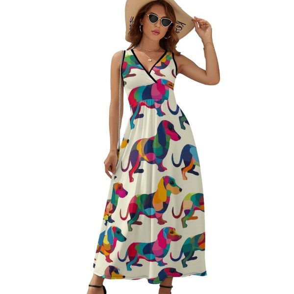 Colorful Dogs Dachshund Womens Casual Sleeveless Dress Maxi Long Beach Dress Sundress